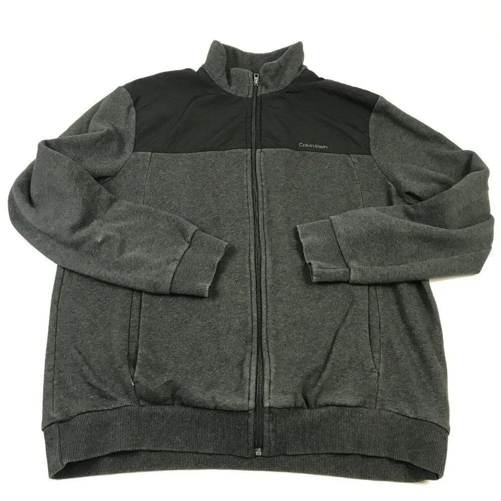 Calvin Klein Mens Full Zip Jacket Gray Black Pockets Mock Neck Logo L Large *